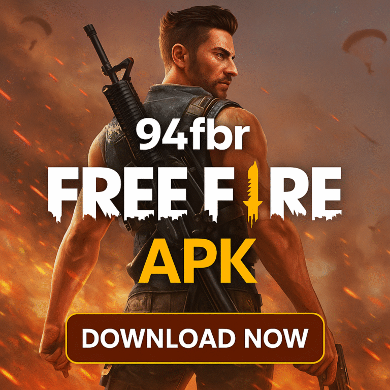 Promotional image showing 94fbr Free Fire APK global gameplay with advanced servers and character customization