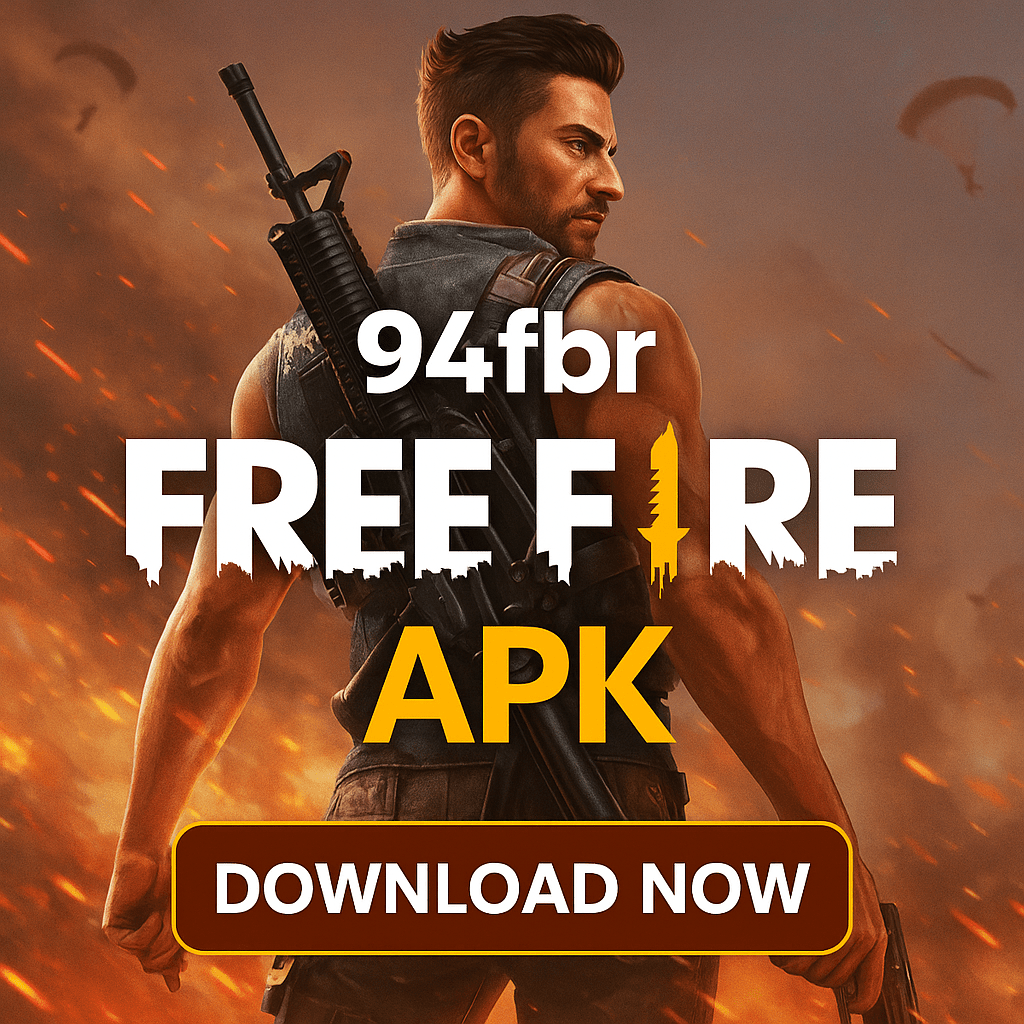 Promotional image showing 94fbr Free Fire APK global gameplay with advanced servers and character customization