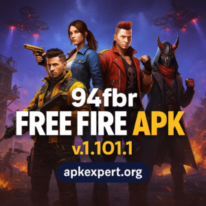 Square promotional banner featuring 94fbr Free Fire APK with global battle royale elements and apkexpert.org branding

