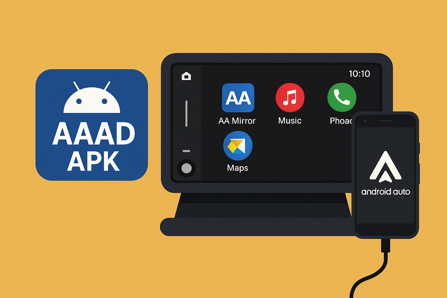 AAAD APK banner with Android mascot and Android Auto logo, promoting third-party app installation