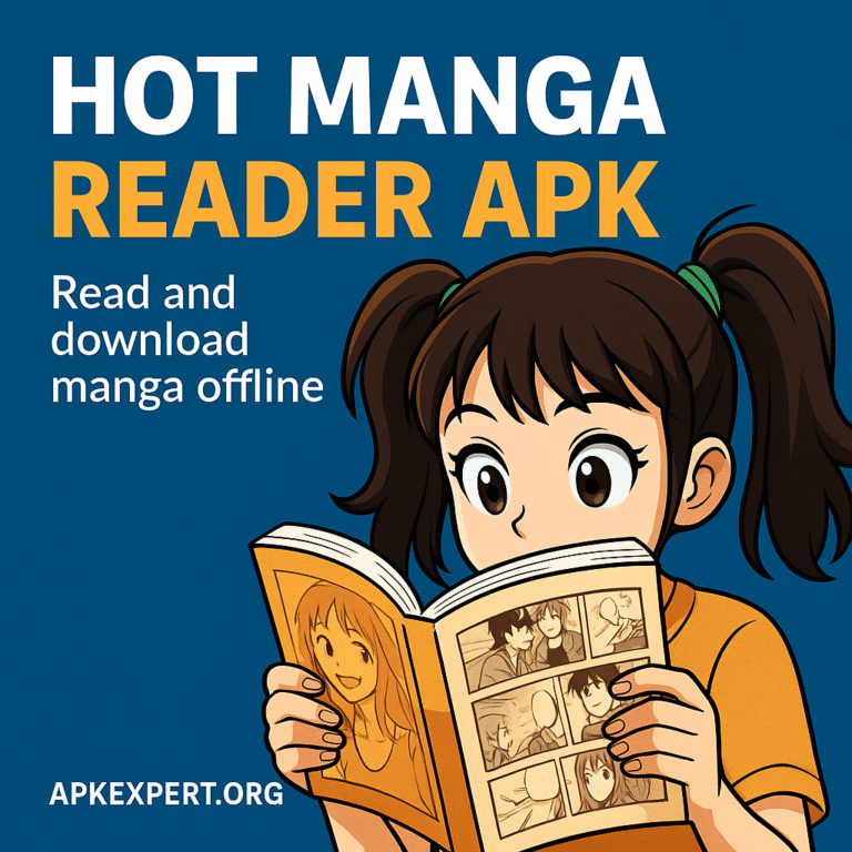 Promotional image showing Hot Manga Reader APK interface and manga covers with apkexpert.org branding in a square WebP format