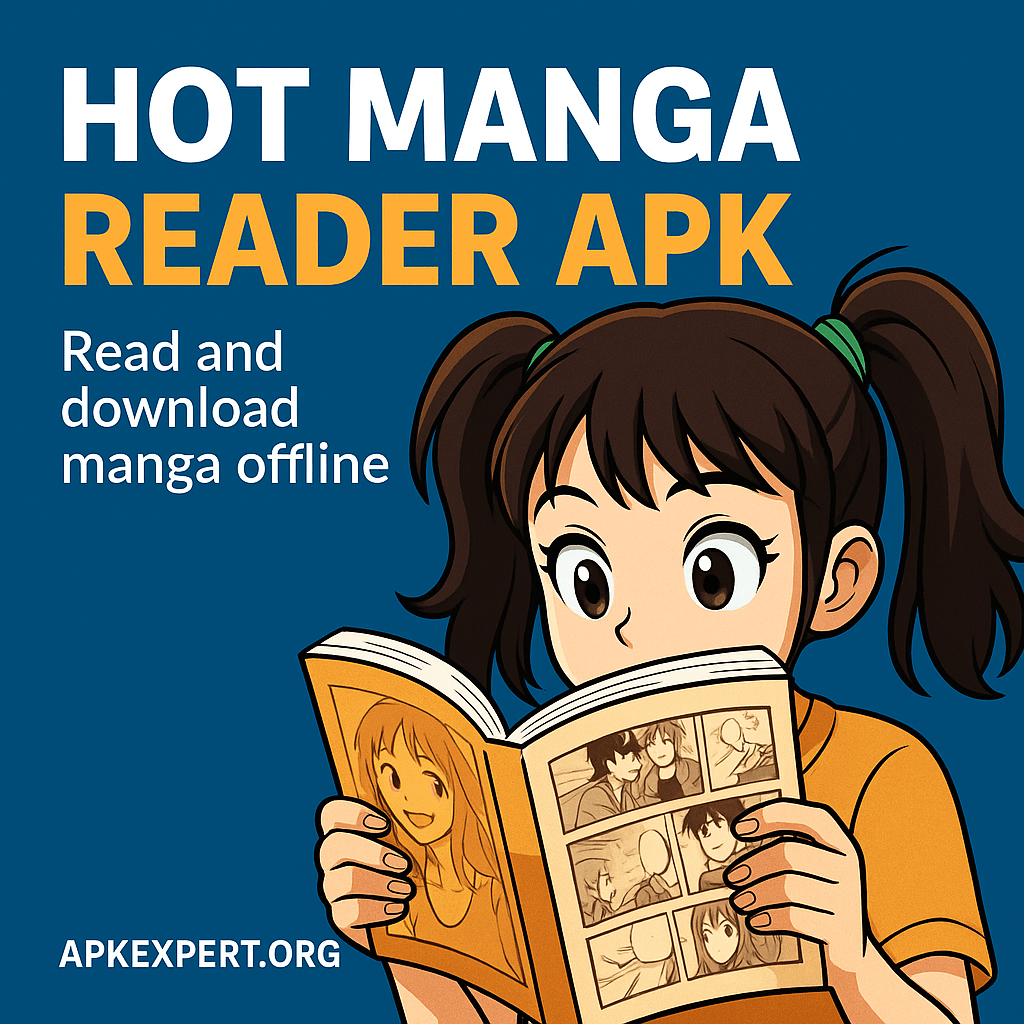 Promotional image showing Hot Manga Reader APK interface and manga covers with apkexpert.org branding in a square WebP format