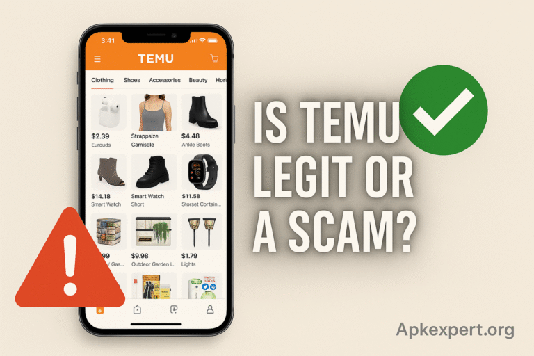 Temu legitimacy warning with phone screen and icons