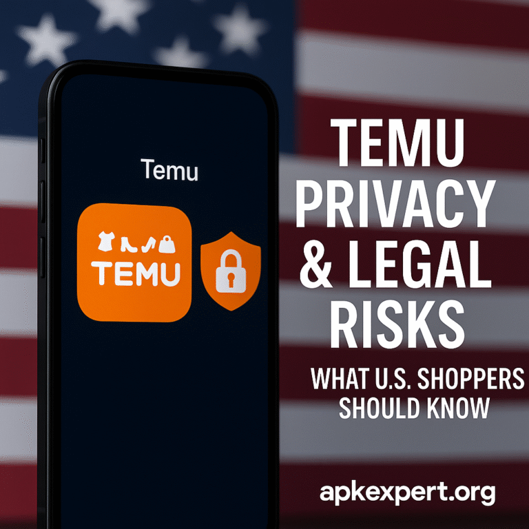 Temu privacy concerns with shield icon and U.S. context