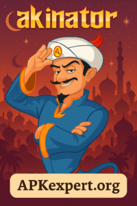 Akinator cartoon genie with ApkExpert.org branding – VIP MOD promotional artwork