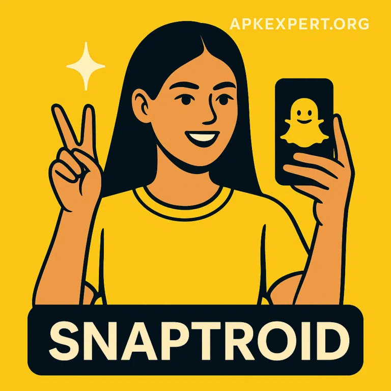 Illustration of Snaptroid APK user taking a selfie with enhanced features and filters, promoted by APKExpert.org