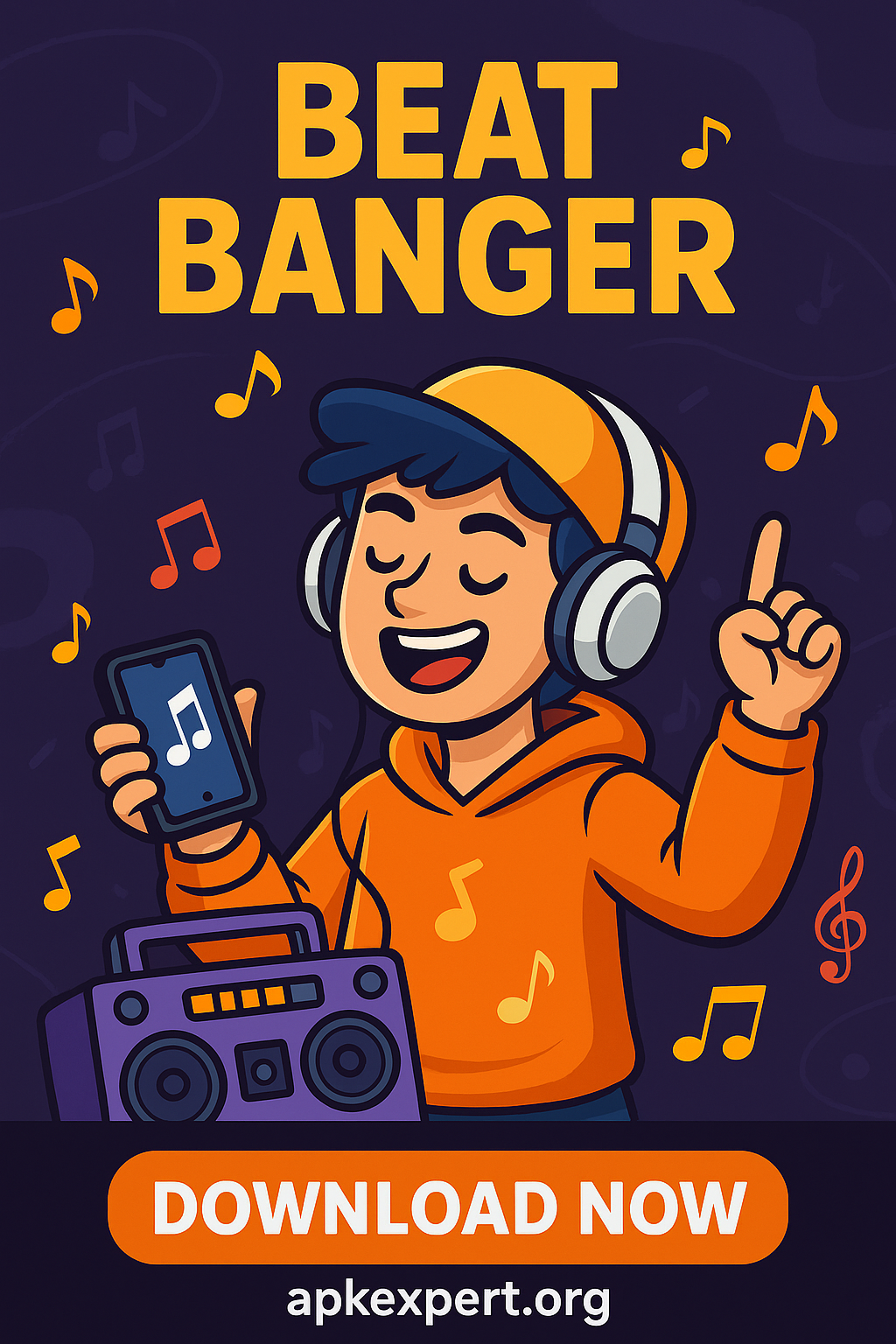 Colorful 2D cartoon characters playing music in Beat Banger APK rhythm game for Android