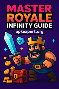 Promotional artwork with Barbarian character, blue sword, gem, and apkexpert.org text for Master Royale Infinity post.