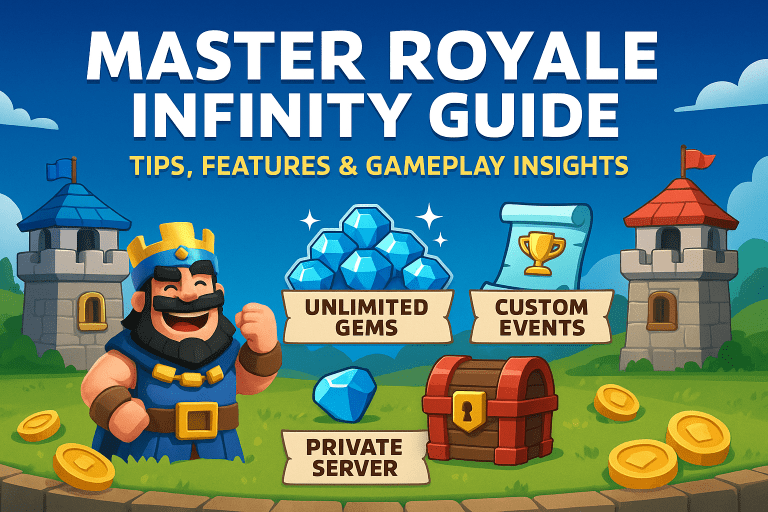 Digital illustration of a Clash Royale-style character with coins, gems, and chest, promoting the Master Royale Infinity guide by apkexpert.org