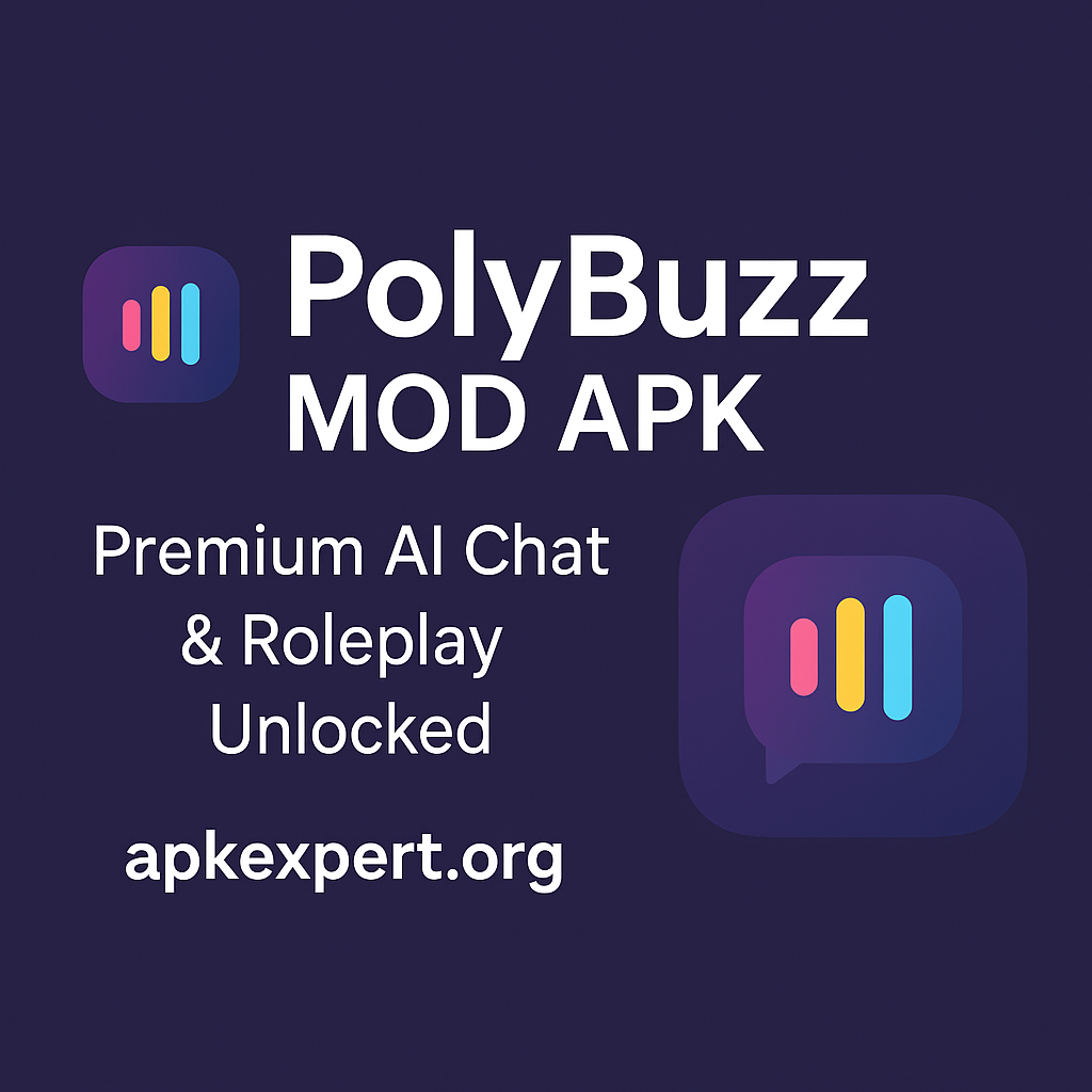 PolyBuzz MOD APK promotional banner featuring Premium AI Chat & Roleplay Unlocked with apkexpert.org