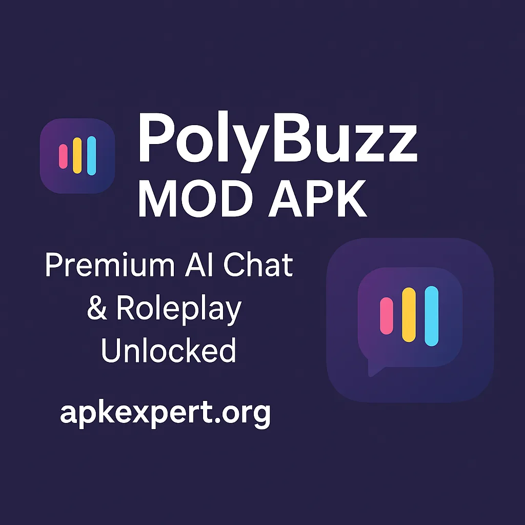 PolyBuzz MOD APK promotional banner featuring Premium AI Chat & Roleplay Unlocked with apkexpert.org
