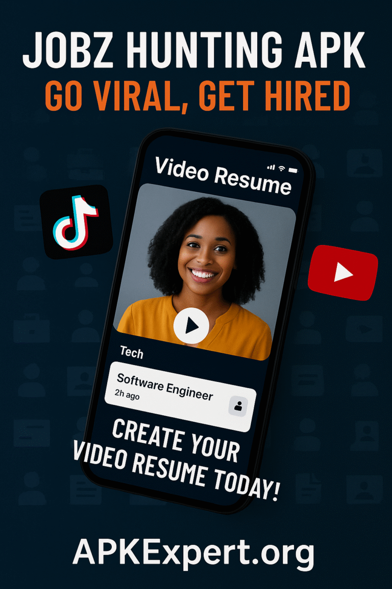 Promotional banner for Jobz Hunting APK encouraging users to create viral video and get hired, featuring a smiling woman on a mobile screen with TikTok and YouTube.