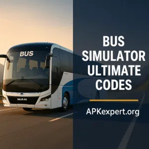 Promotional image showing a MAN bus driving on a highway at sunset with text "Bus Simulator Ultimate Codes" and the website name APKexpert.org