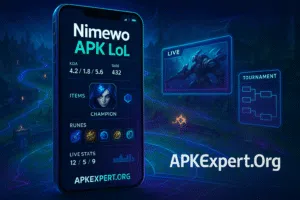 Nimewo APK LoL app interface showing live champion stats and esports data on APKExpert.Org