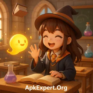 Anime-style student with magical spirit in 3D simulation classroom from Poke Abby APK game