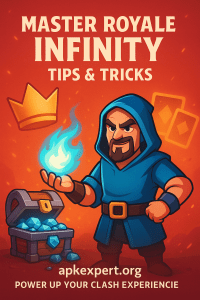 Cartoon-style wizard casting a fireball with treasure chest and glowing cards, featured image for Master Royale Infinity tips article on apkexpert.org
