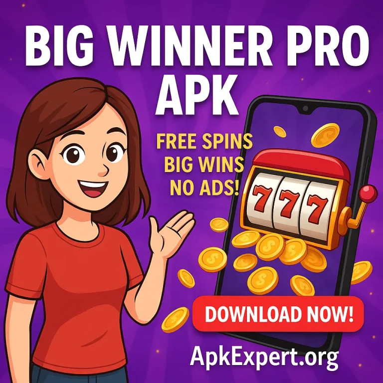 Big Winner Pro APK thumbnail featuring cartoon girl, slot machine, and flying gold coins