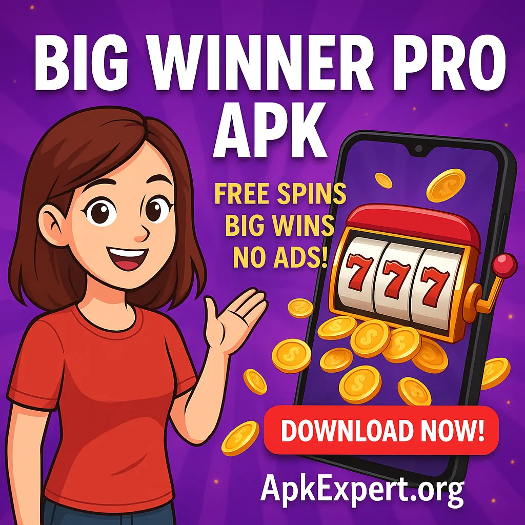 Big Winner Pro APK thumbnail featuring cartoon girl, slot machine, and flying gold coins