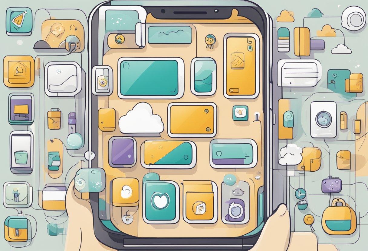 A smartphone with the Sniffies APK app open, surrounded by icons and notifications on the screen