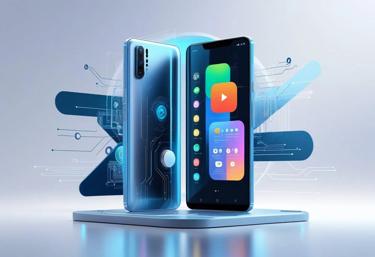 A futuristic smartphone displaying colorful app icons with digital circuit patterns in the background.