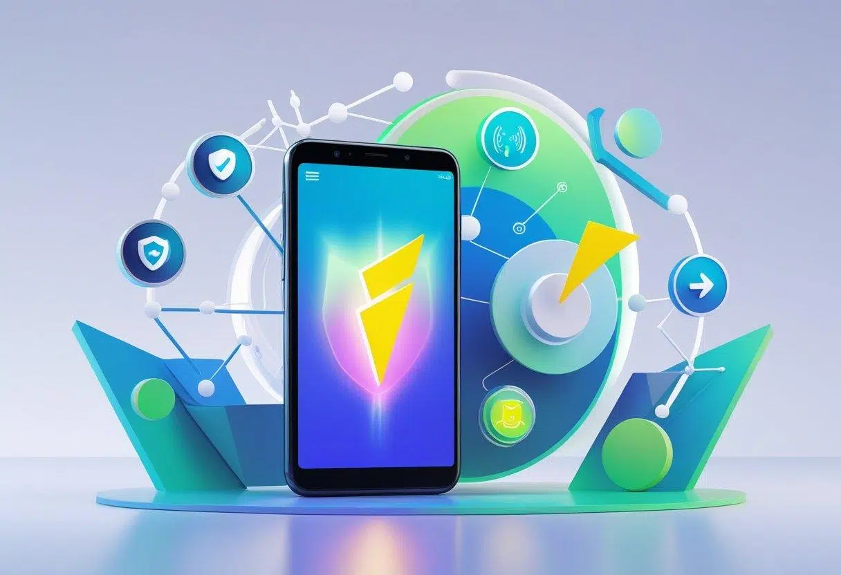 A modern smartphone displaying a vibrant app interface surrounded by icons representing speed, security, compatibility, and ease of use.