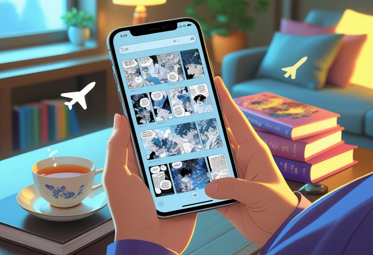 A person holding a smartphone showing colorful manga panels, sitting in a cozy room with a cup of tea and manga books nearby.