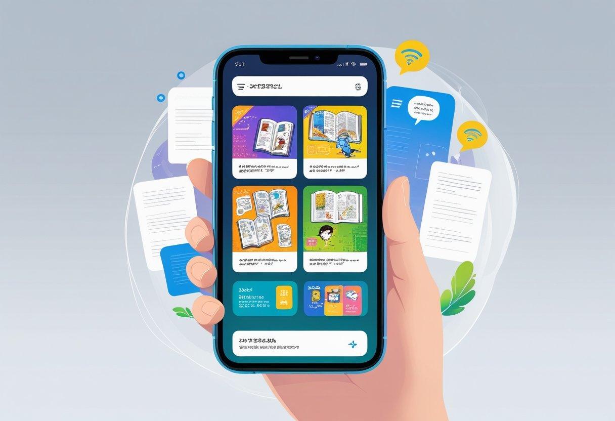 A hand holding a smartphone showing colorful manga panels on the screen with icons indicating offline reading features around it.