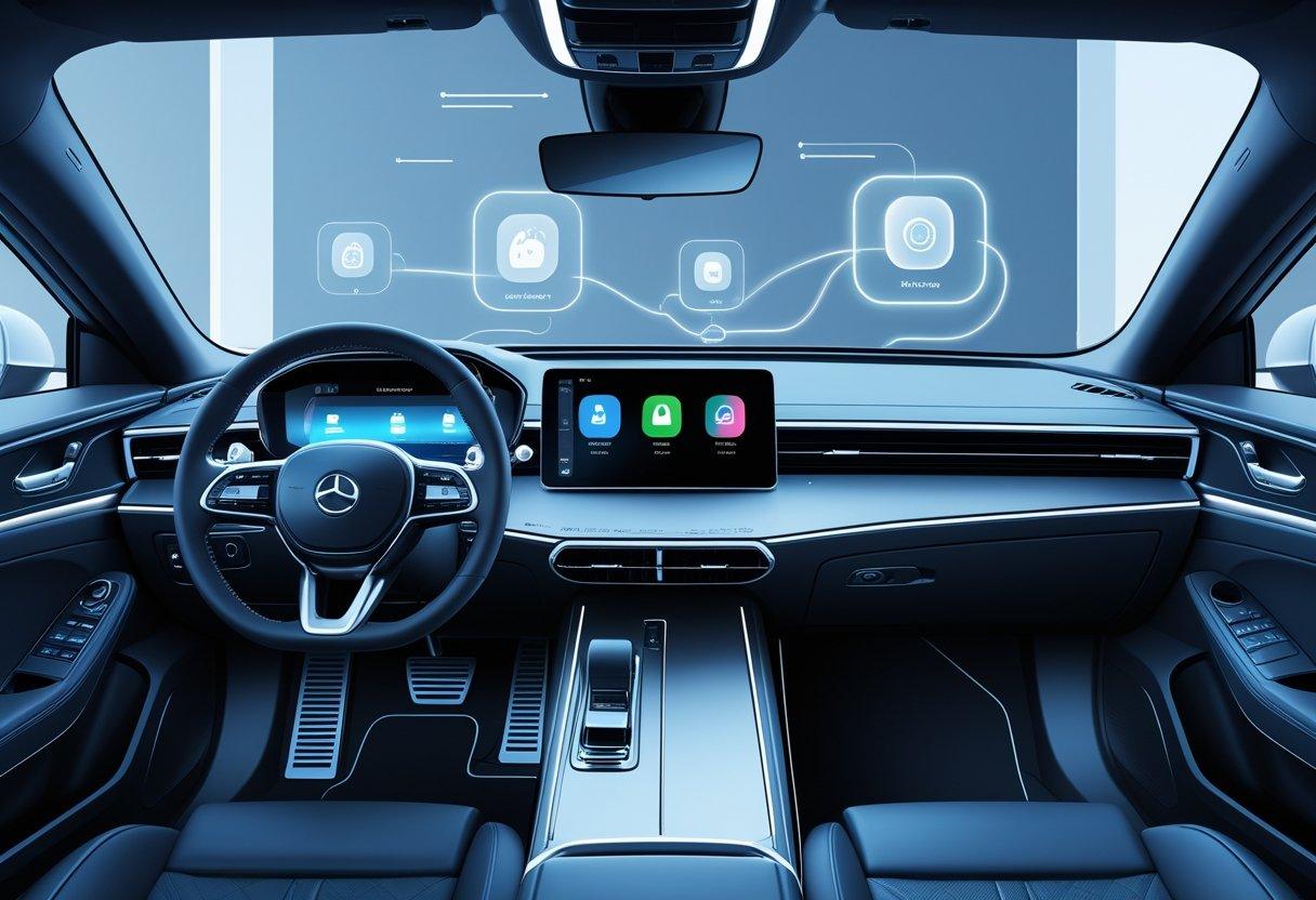 A modern car dashboard with a large touchscreen showing app installation icons and digital interface elements.