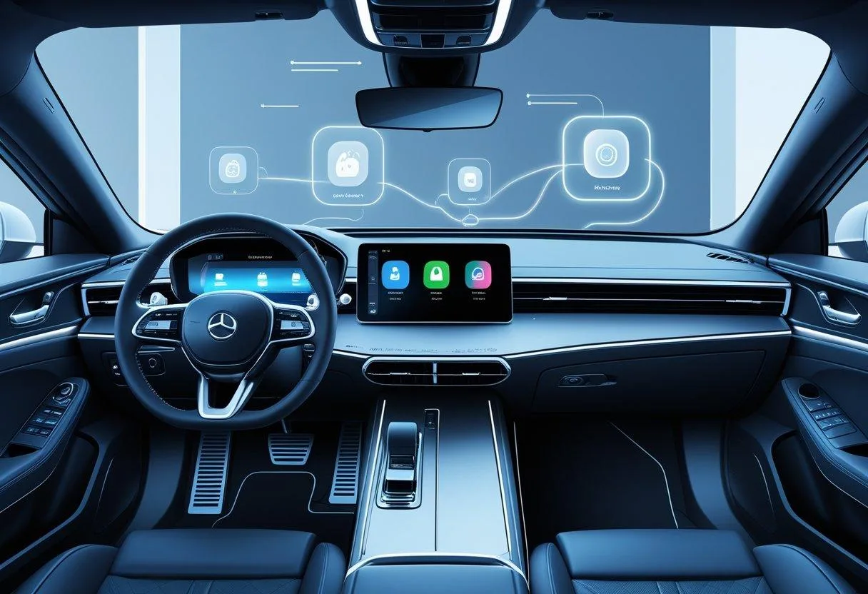 A modern car dashboard with a large touchscreen showing app installation icons and digital interface elements.