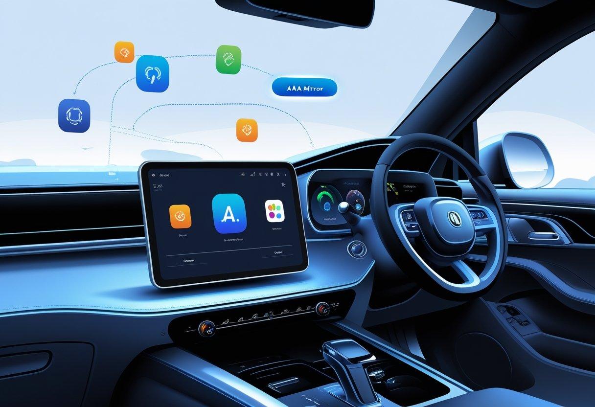 Car interior showing a car infotainment screen with a smartphone connected, illustrating app installation and digital rearview mirror features.