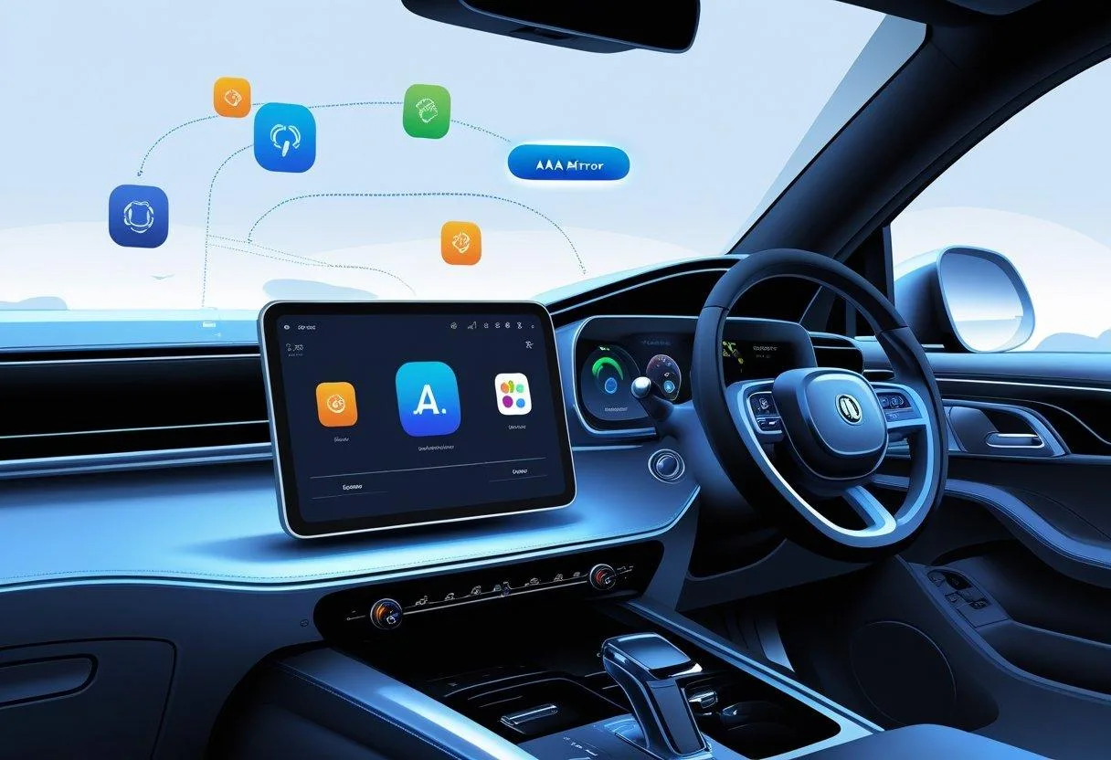 Car interior showing a car infotainment screen with a smartphone connected, illustrating app installation and digital rearview mirror features.